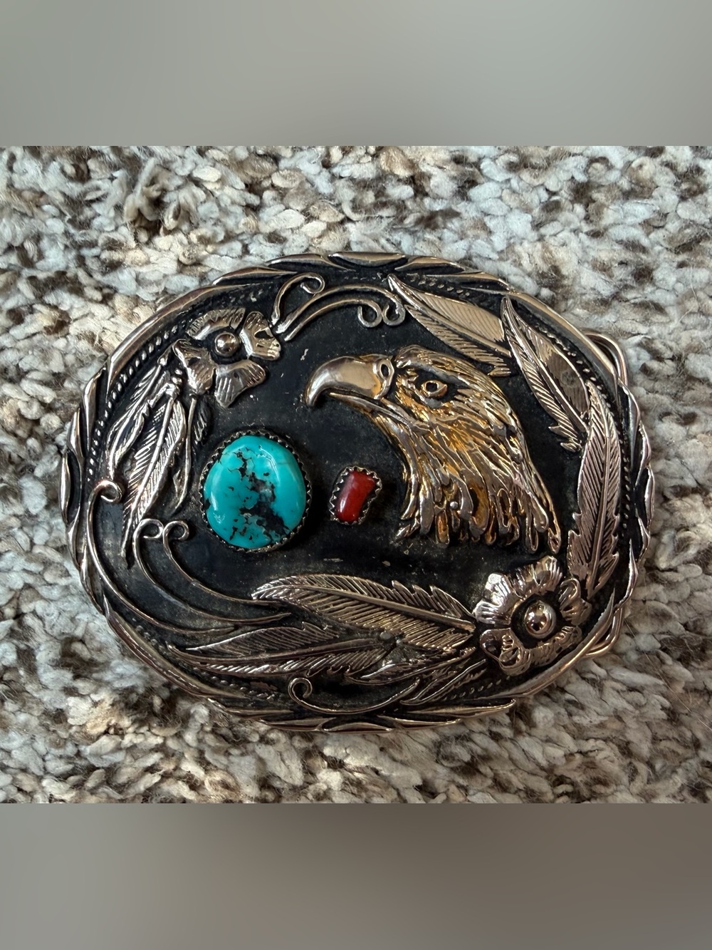 Blue and coral turquoise handcrafted belt buckle